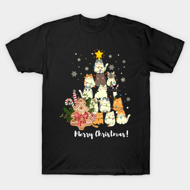 Christmas Cat Trees, Cute Merry Christmas & Trees, White Christmas Trees Design, premium unisex kitten xmas tee, T-Shirt by Grun illustration 